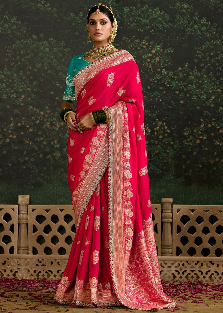 Pink and Teal Viscose silk Saree