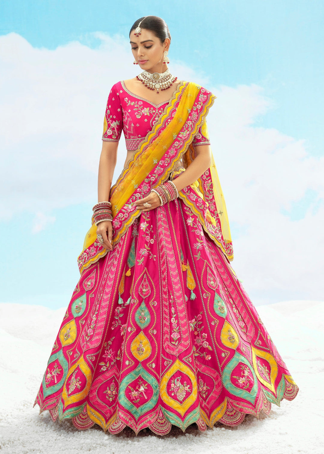 Pink and Yellow Silk Lehenga With Cut Work Border