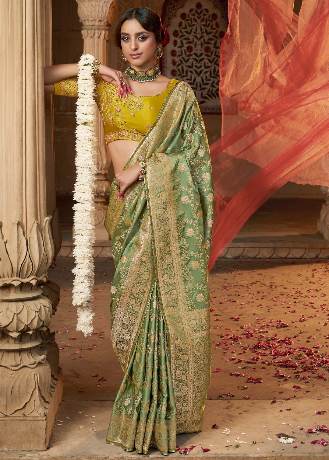 Paris Green Satin Silk Saree