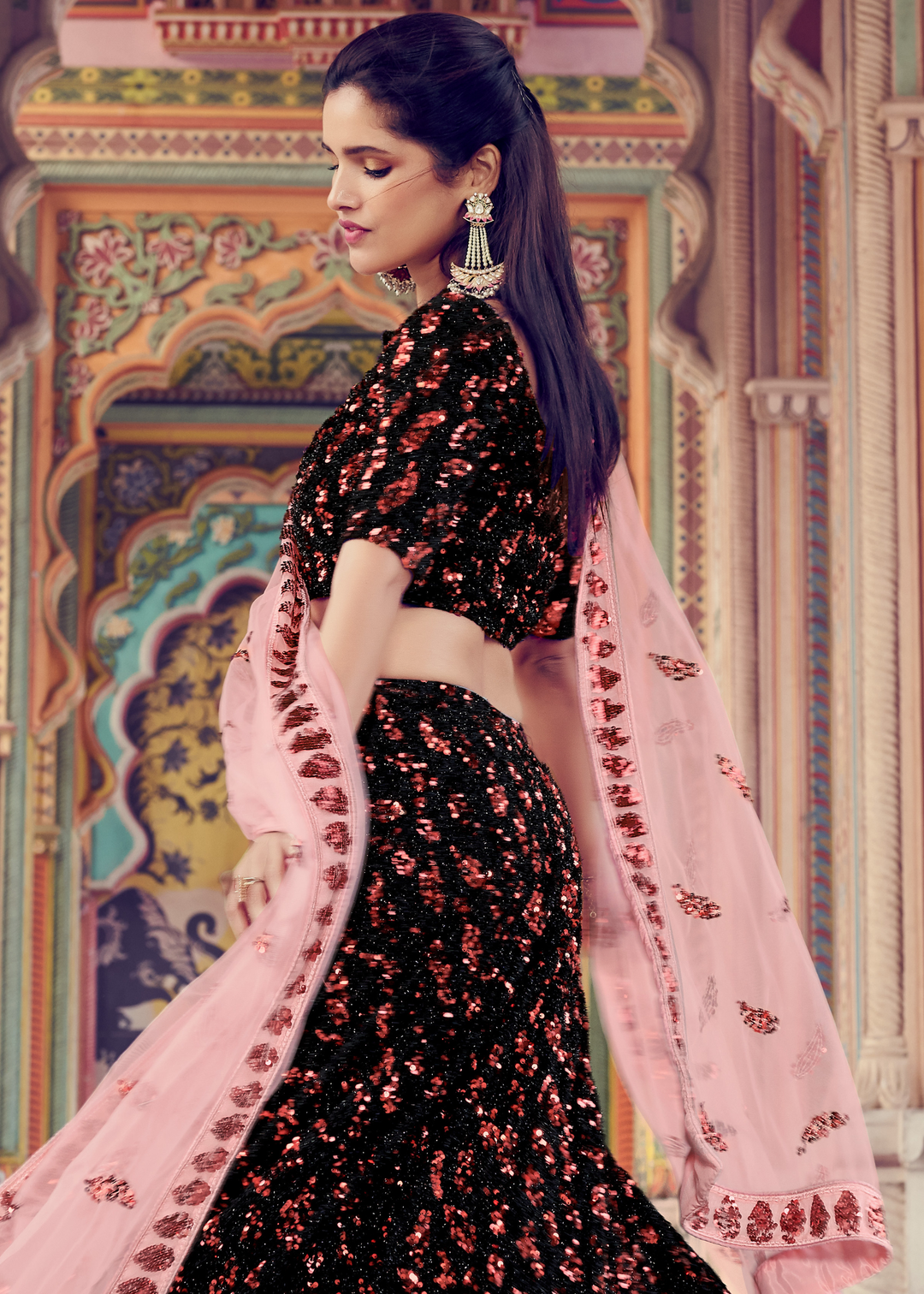 Black & Pink Designer Lehenga Choli with Sequins work