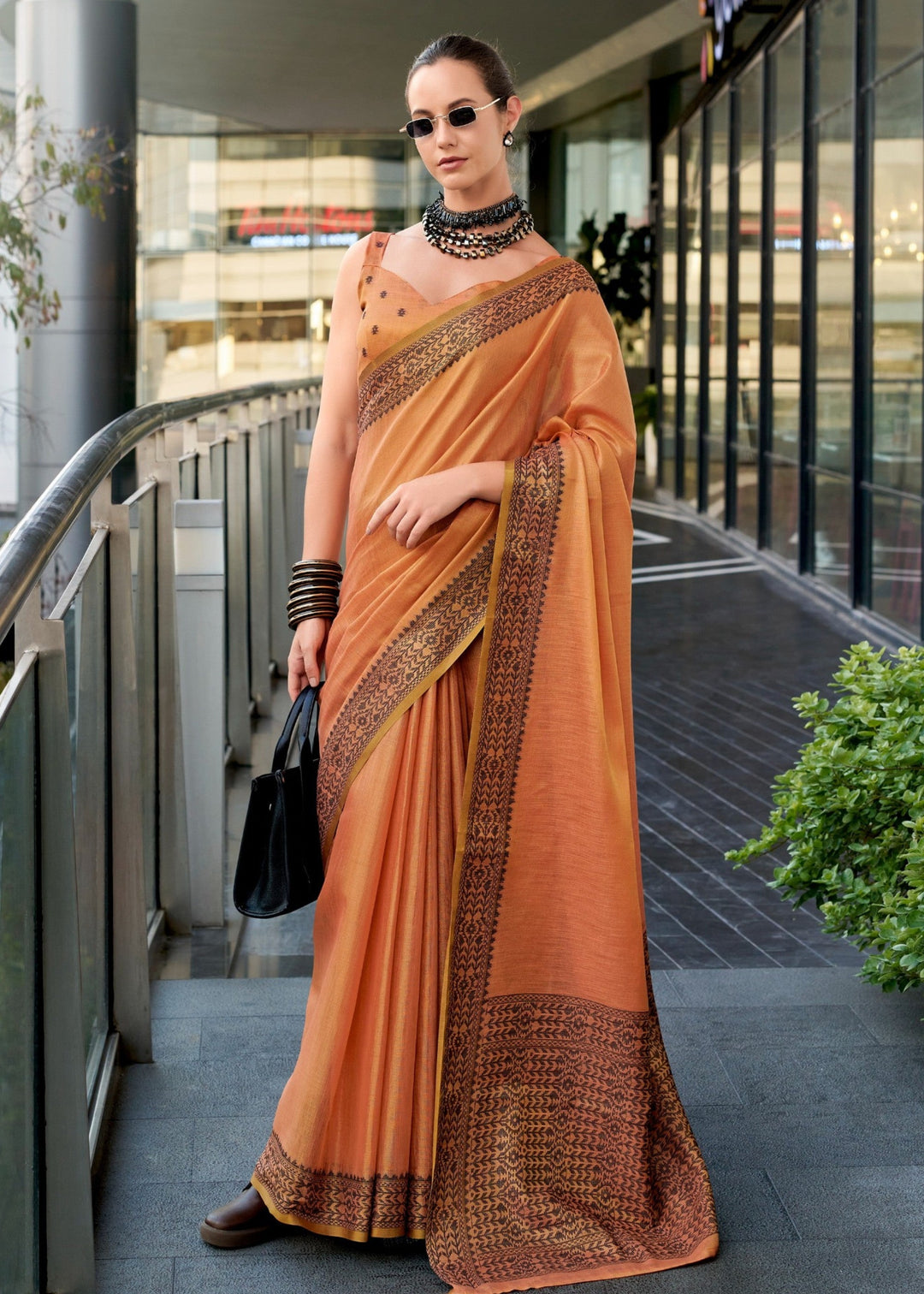 Rust Orange Linen Tissue Silk Saree