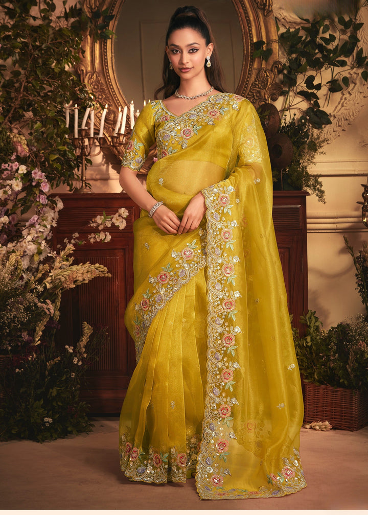 Mustard Yellow Tissue Organza Silk Saree