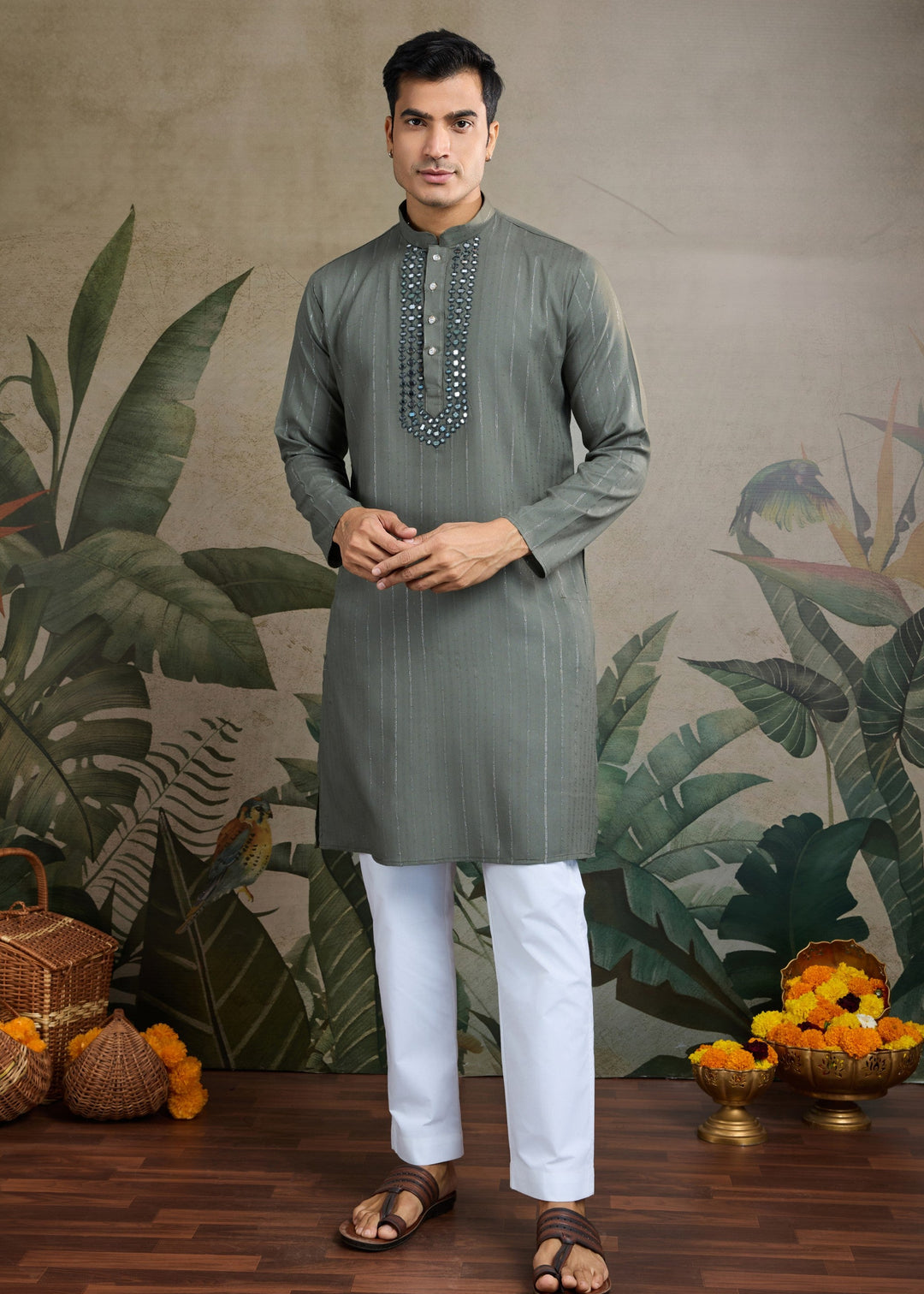 Grey Viscose Rayon Mens Kurta With Self Design Zari And Mirror Work