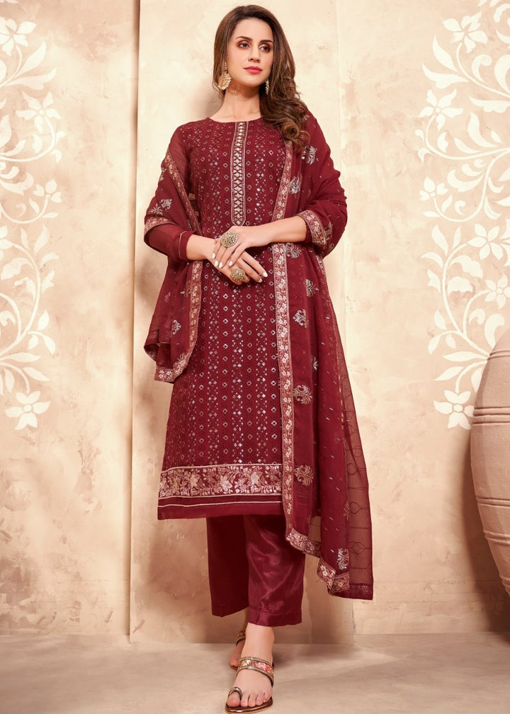 Maroon Red Georgette Pant Suit