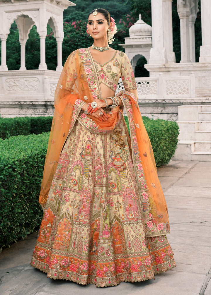 Beige & Orange Fancy Silk Lehenga Choli With Cut Work Embroidery Border & Stone Work