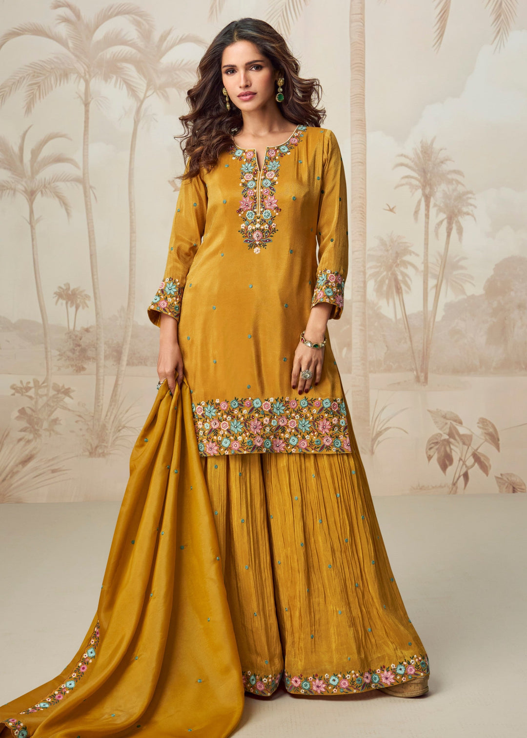 Mustard Yellow Organza Silk Plazo Suit With Dupatta