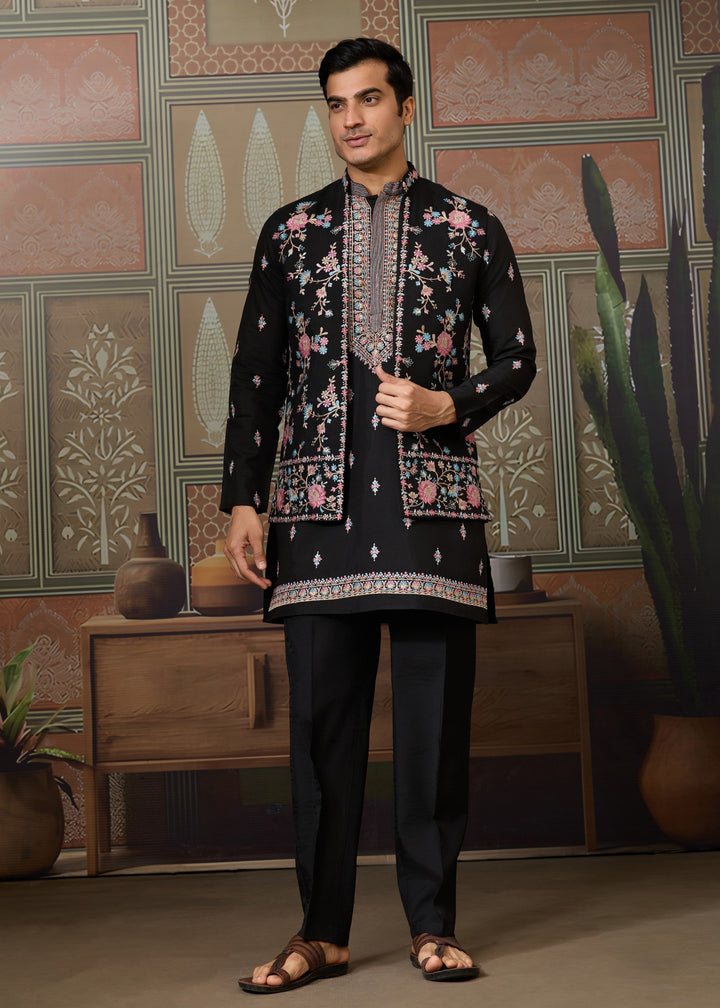 Jet Black Mens Wear Koti Style with Silk Kurta and Pajama