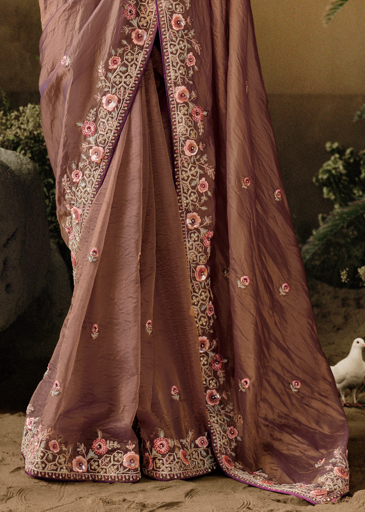 Tortilla Brown Dola Silk Saree with Hand Embroidery work