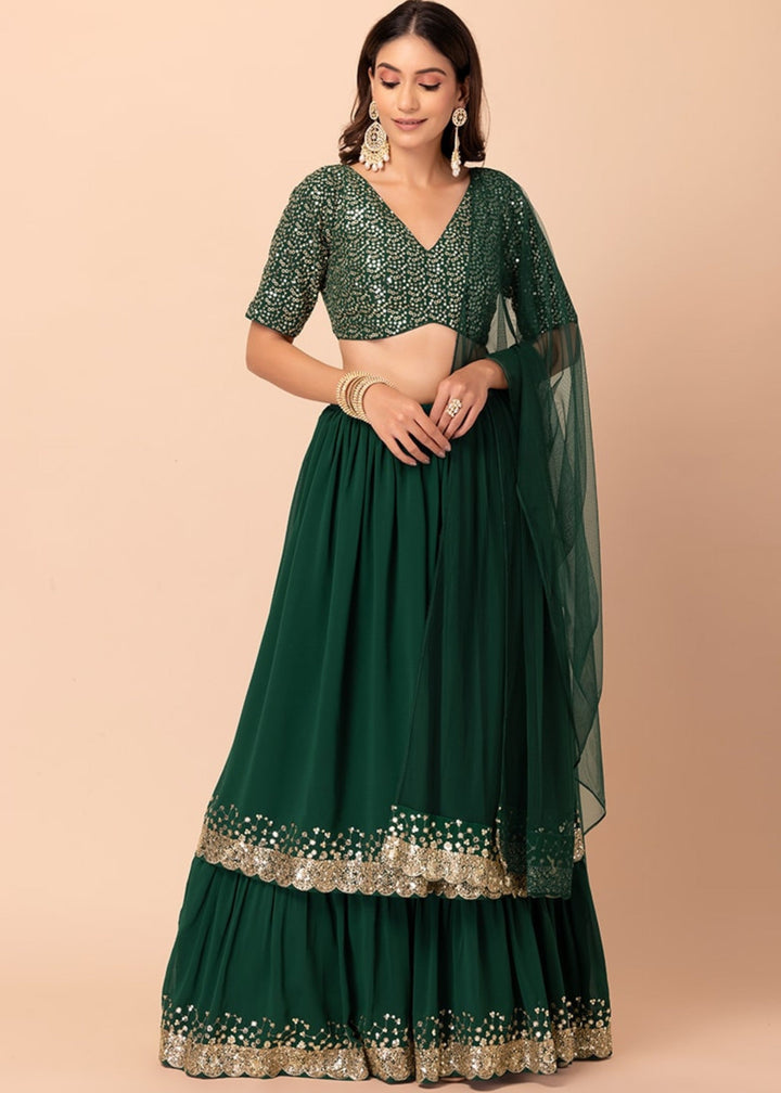 Hunter Green Georgette Lehenga Choli With Sequins And Thread Embroidery Work