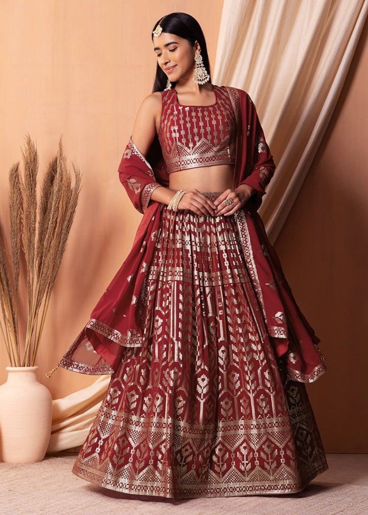 Maroon Red Georgette Lehenga Choli With Sequins And Thread Embroidery Work
