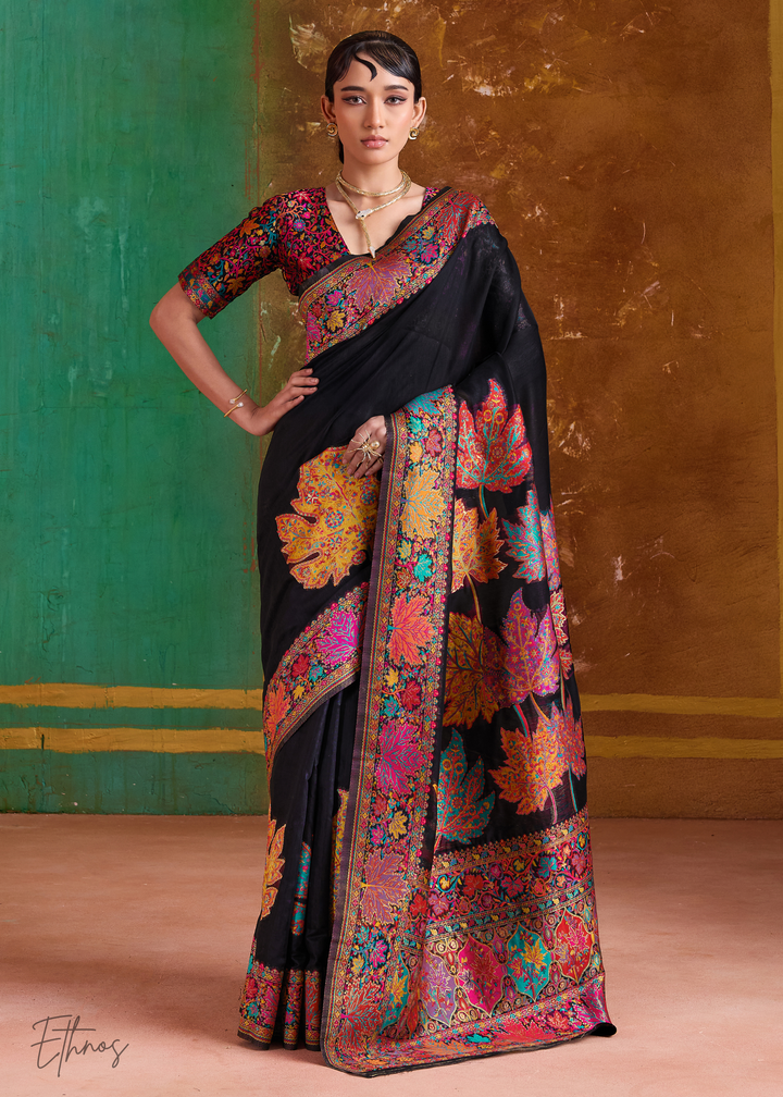 Midnight Black with Rich Multicolour Floral Weave Saree