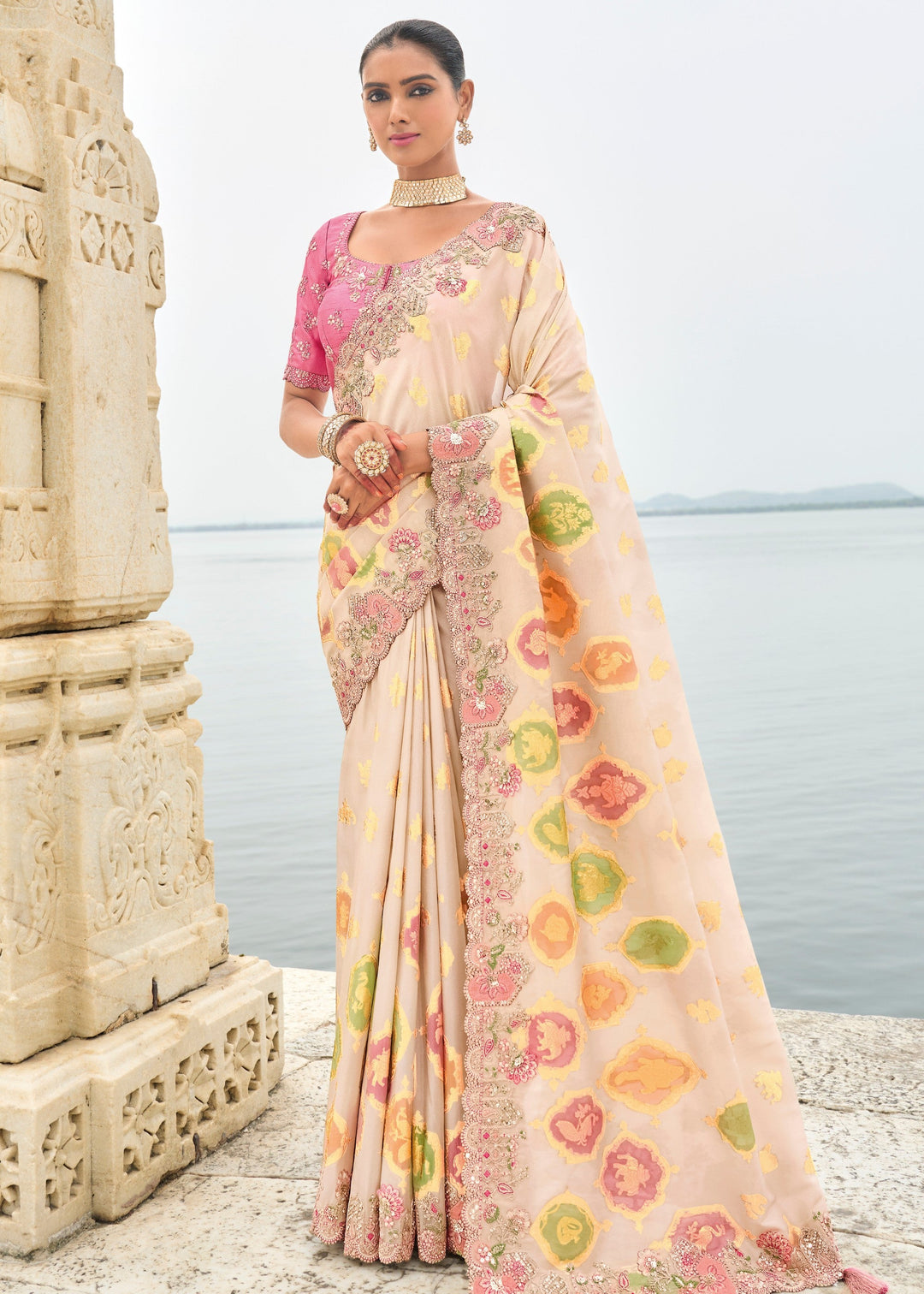 Off White Viscose Tissue Silk Saree With Embroidery Cut Work Border And Sequence Work