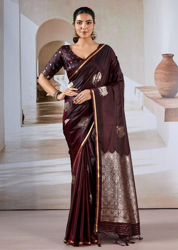 Wine Red Satin Silk Saree