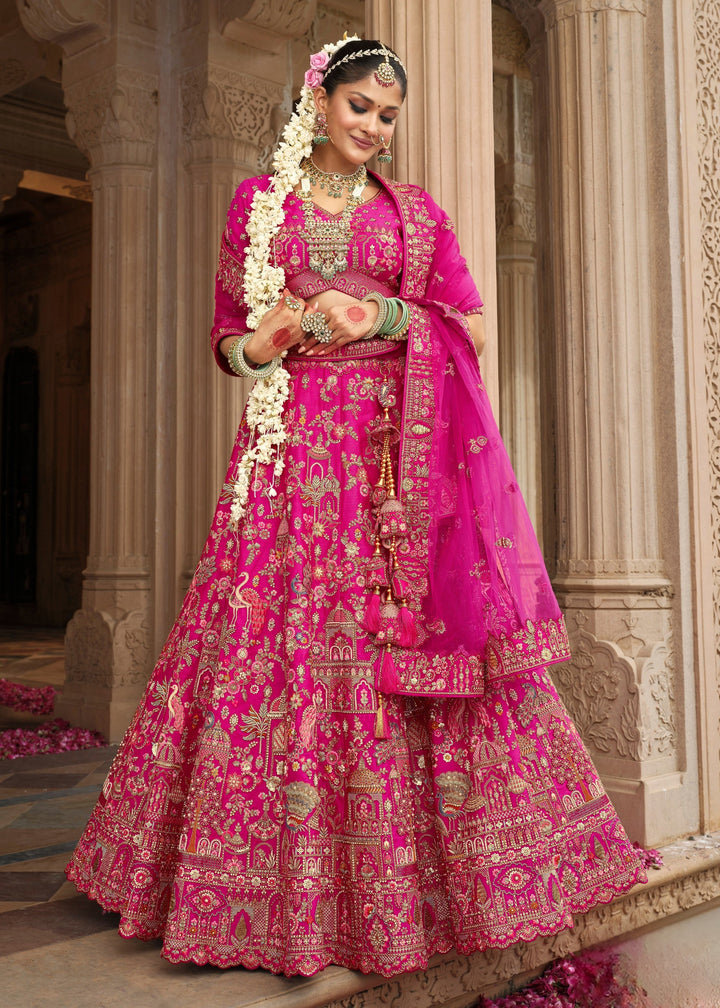 Magenta Pink Heavy Bridal Silk Lehenga With Khatli And Embroidery Work