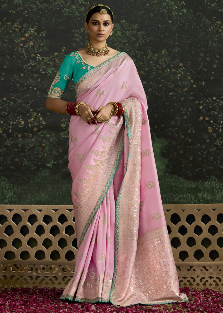 Soft Pink and Green Viscose Silk Saree
