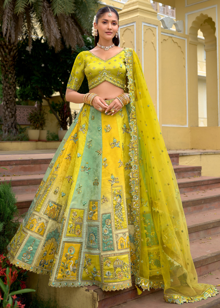 Lemon Yellow And Aqua Silk Lehenga With Cut Work Border And Embroidery