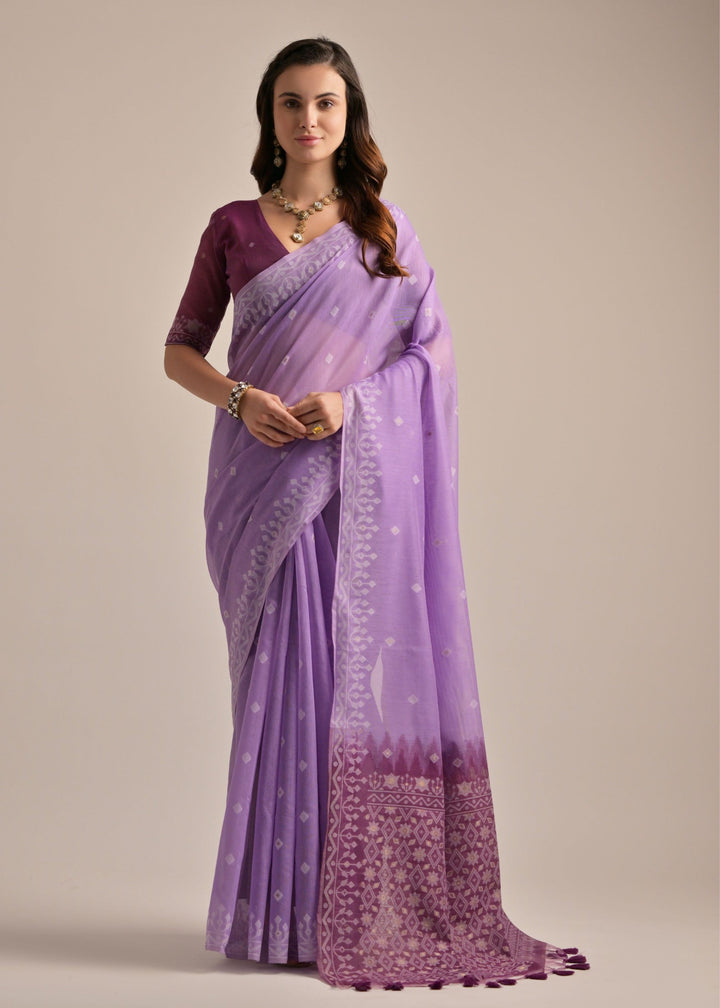 Lavender Thread Butti Lakhnawi Weaves Muga Cotton Saree With Contrast Pallu