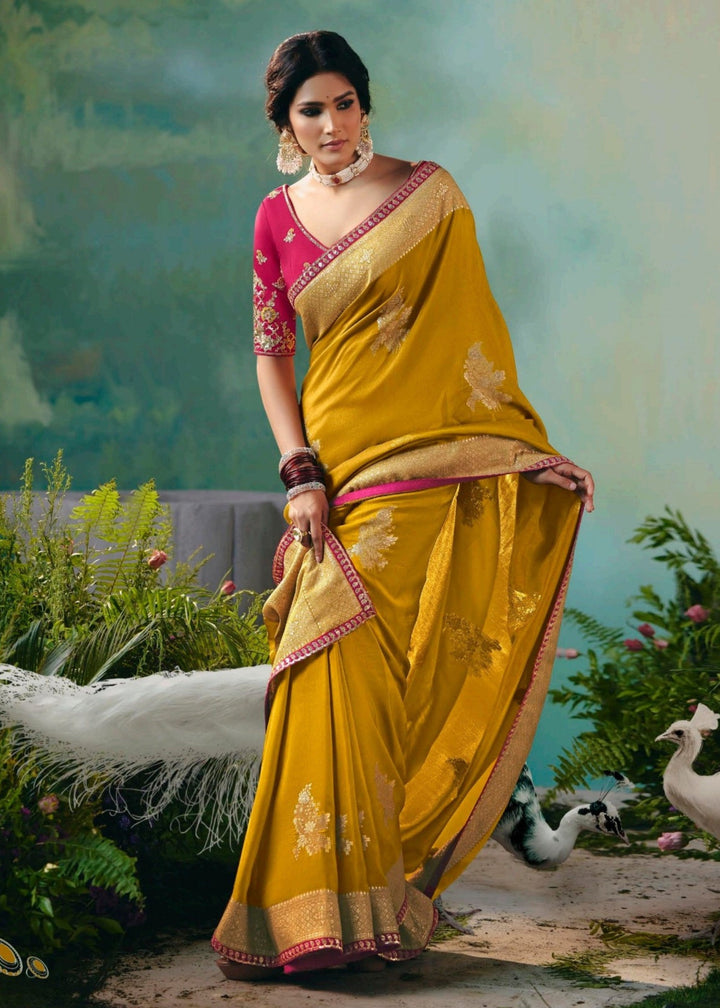 Mustard Yellow Pure Viscose Dola Silk Saree with Zari Weaving & Embroidered Blouse