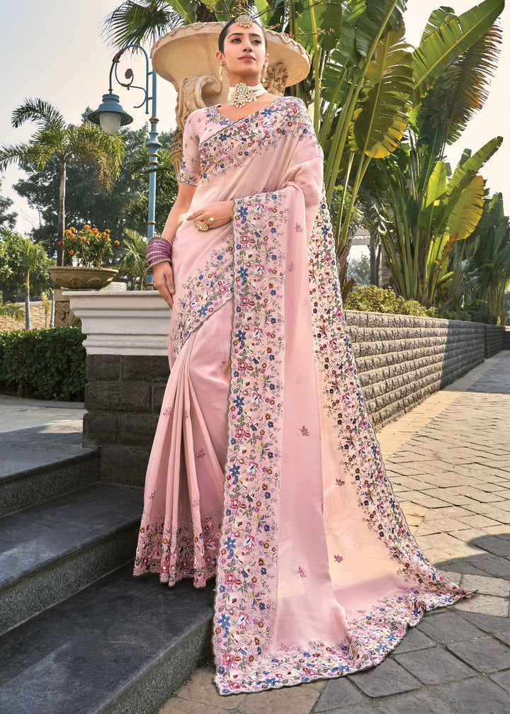 Pink Pure Banarasi Jari Saree With Moti Work
