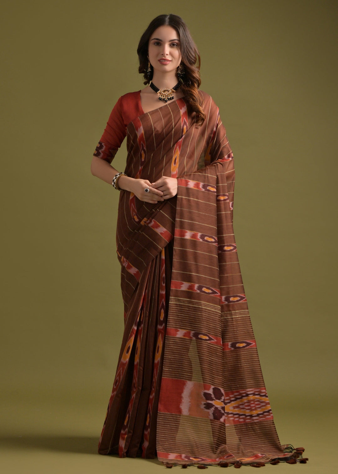 Coffee Brown Soft Ikkat Cotton Saree