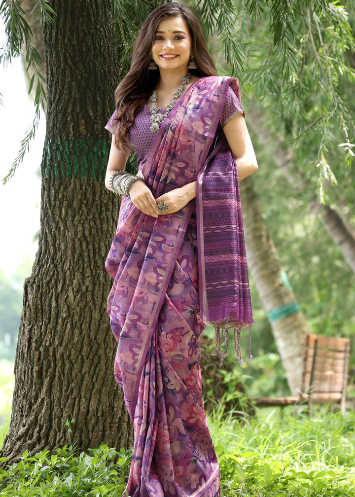 Wine Printed Cotton Silk Saree