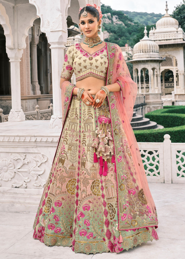 Peach & Off-White Fancy Silk Lehenga Choli With Cut Work Embroidery Border & Stone Work