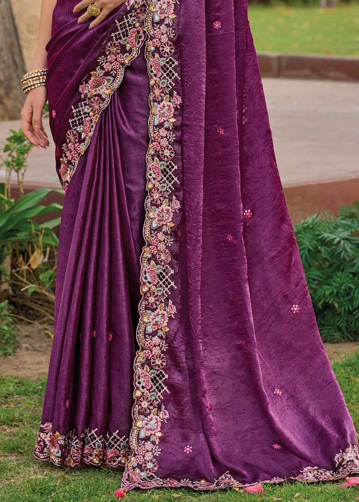 Lollipop Purple Tissue Organza Silk with Embroidery Cut Work Border, Stone & Sequence work