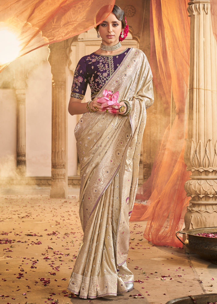 Warm White Satin Silk Saree