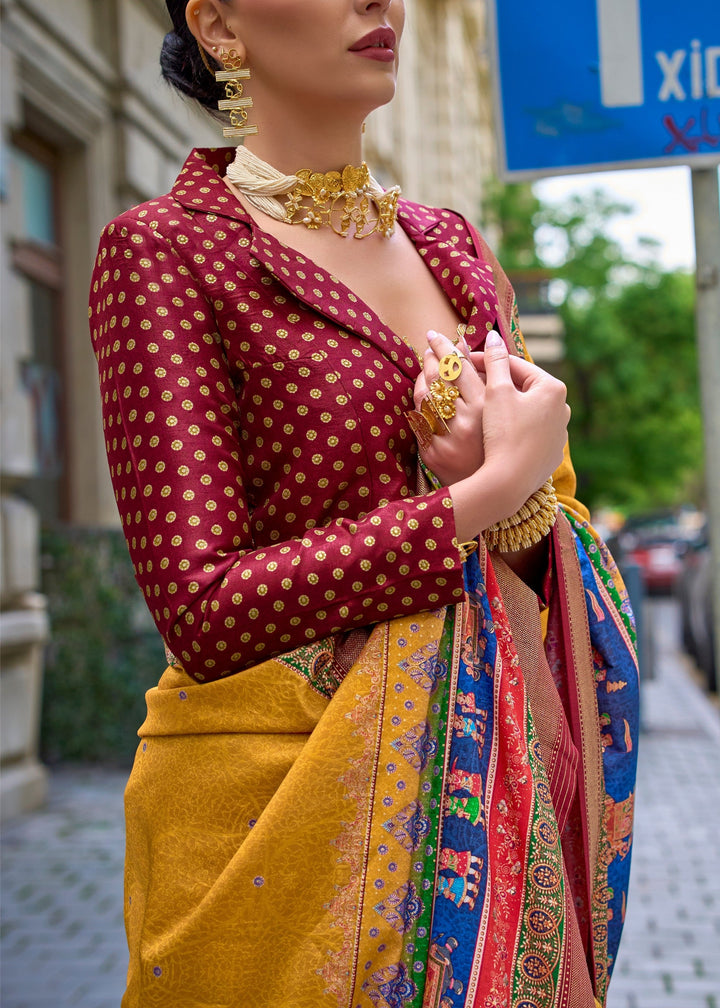 Amber Yellow Poly Viscose Silk Saree With Foil Print