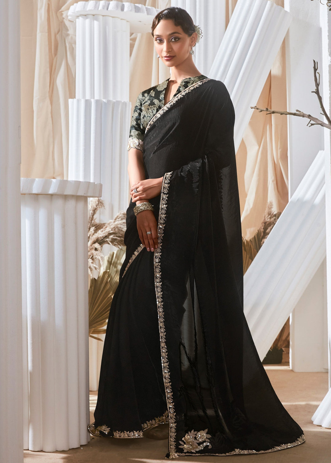 Coal Black Fancy Silk Saree With Printed Blouse