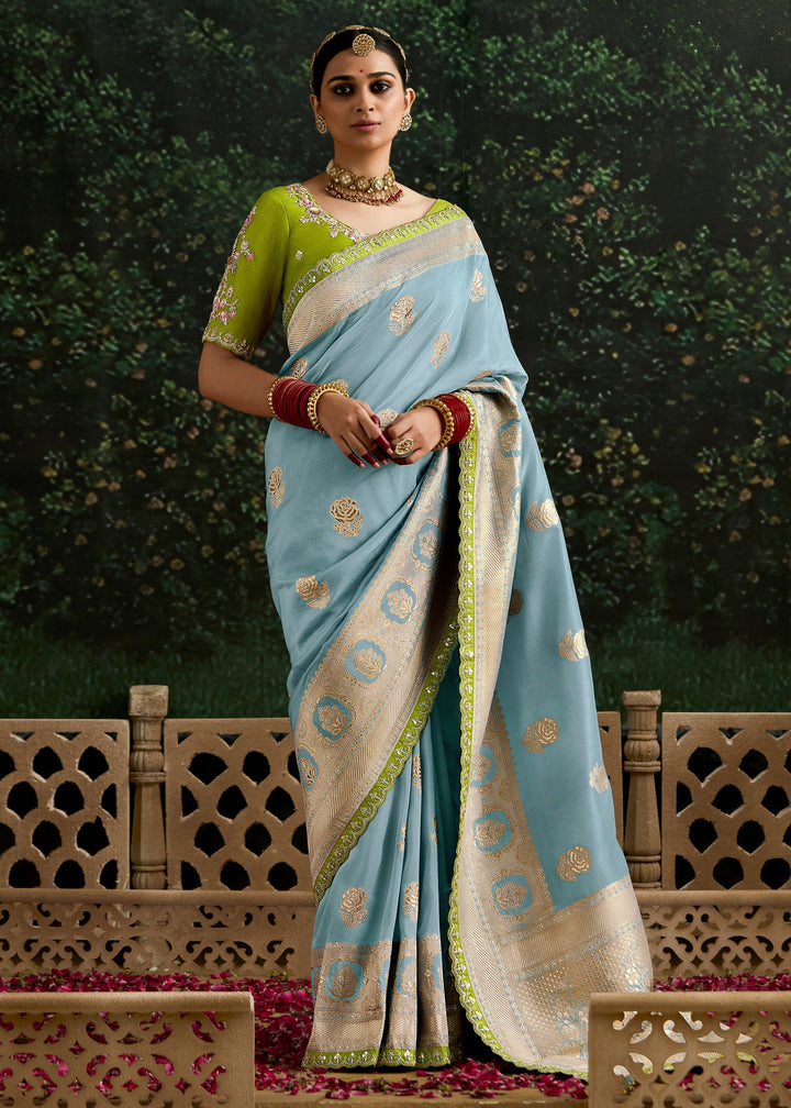 Sky-blue and Lime-green Viscose silk Saree
