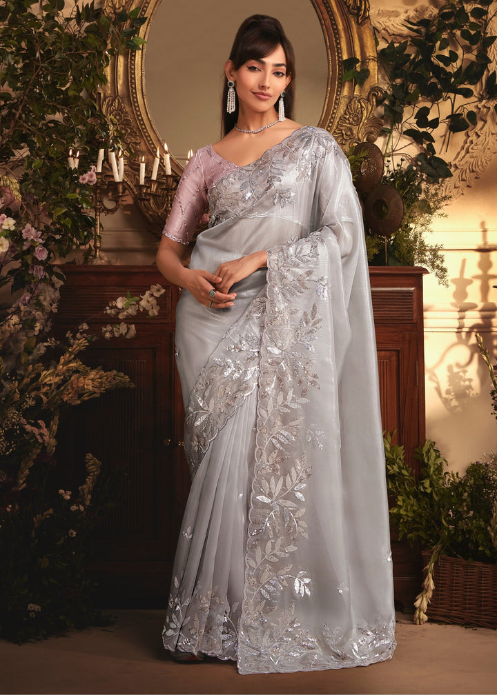 Soft Grey Tissue Organza Silk Saree