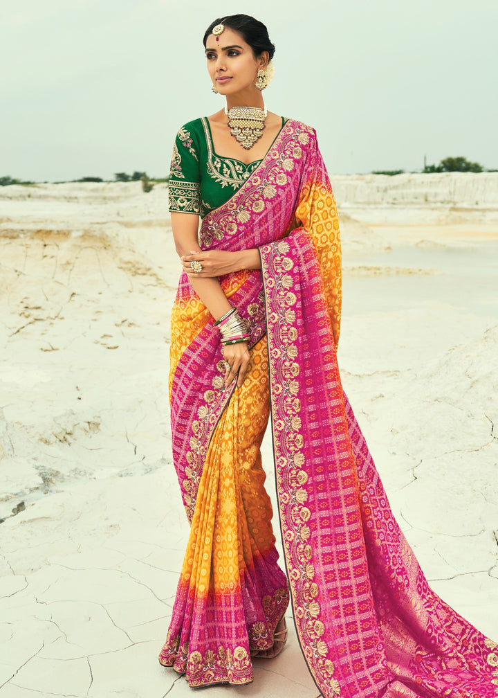 Yellow & Pink Georgette Bandhej Saree