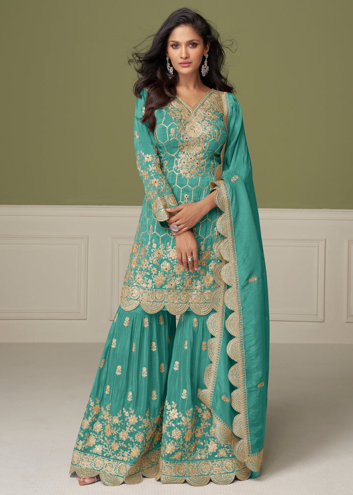 Bright Teal Green Silk Salwar Suit with golden embroidery