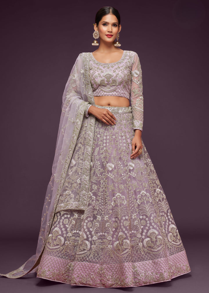 Dusky Orchid Soft Net Lehenga with Thread, Zari, Badla and Glitter Dori Embroidery Work