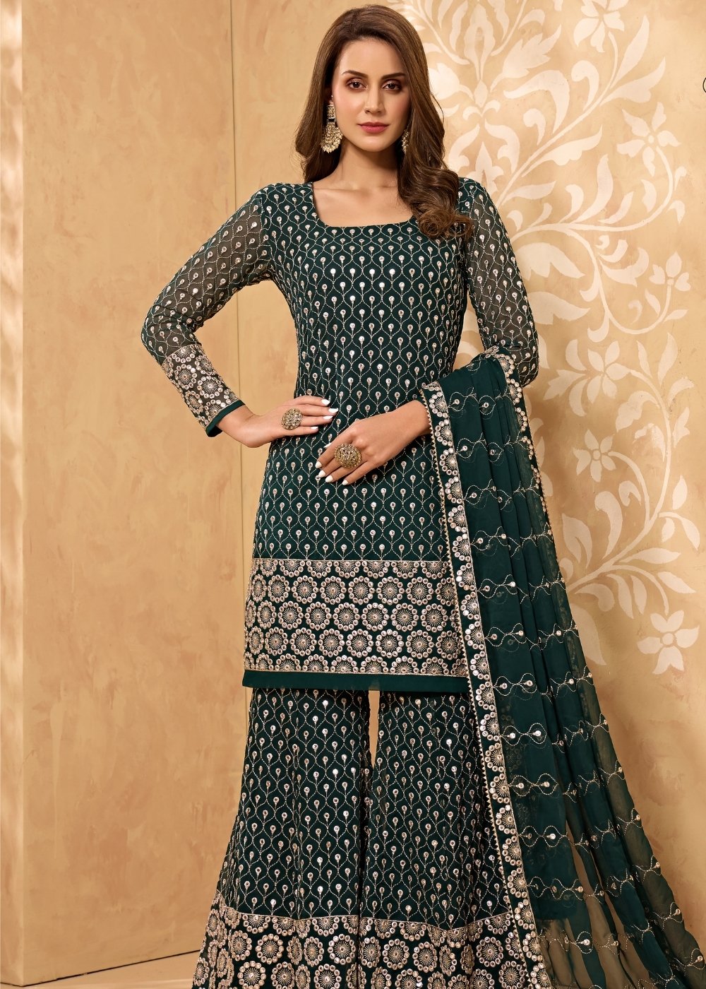 Sacramento Green Georgette Metti with Zari work Sharara Suit
