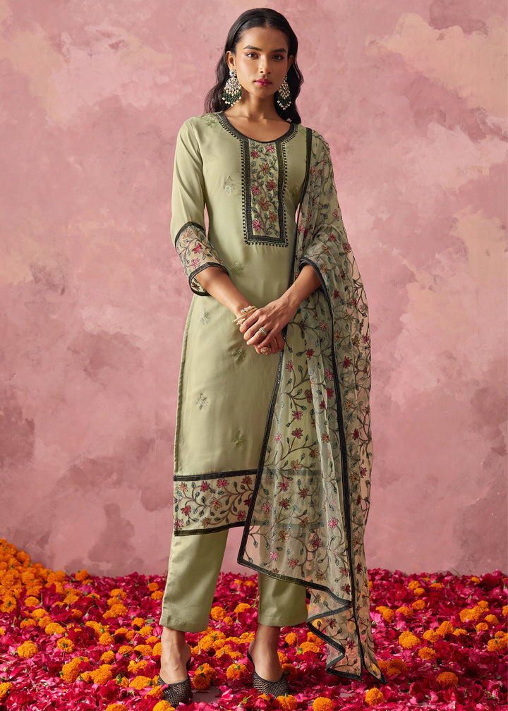 Pistachio Green Georgette Suit With Thread Embroidered Work