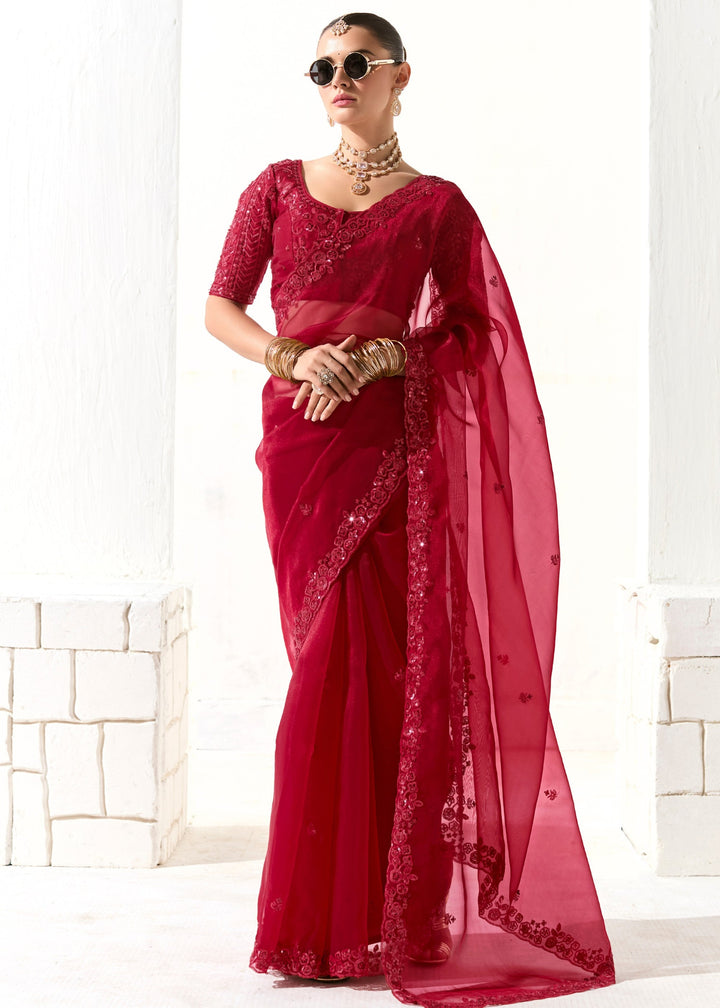 Raspberry Pink Organza Tissue Silk Saree