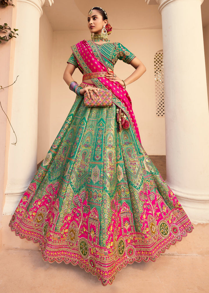 Sea Green Base Banarasi Silk Lehenga And Golden Zari Work