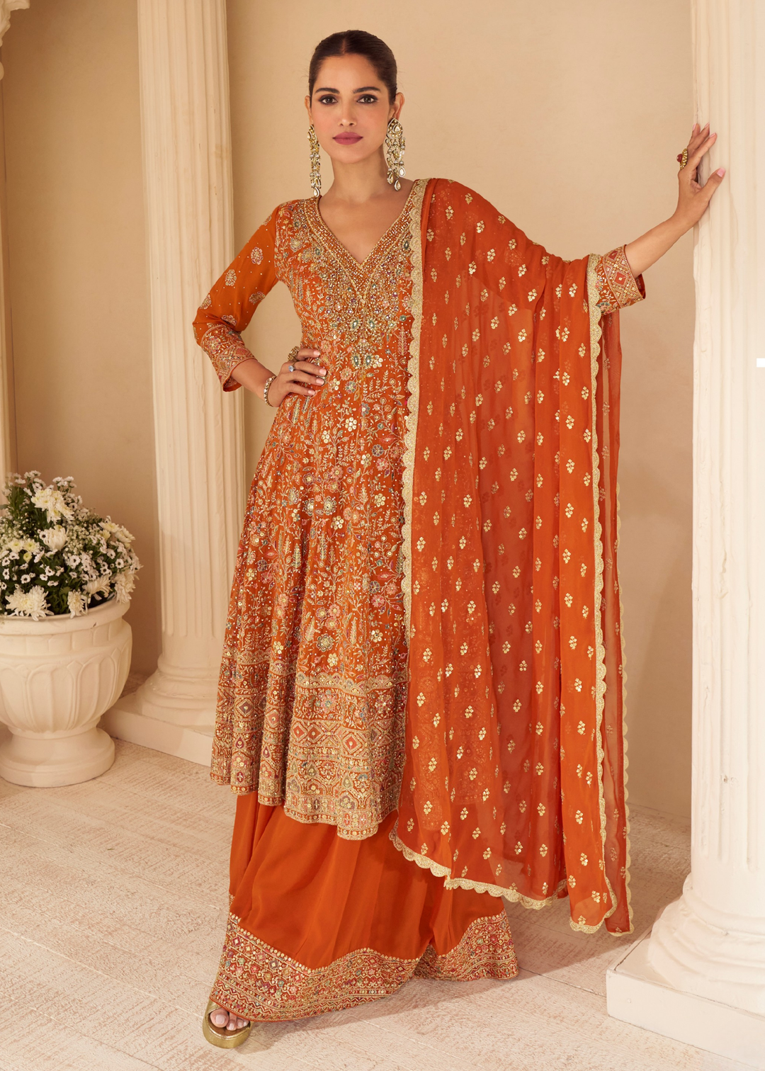 Burnt Orange With Intricate Prints Georgette Palazzo Suit