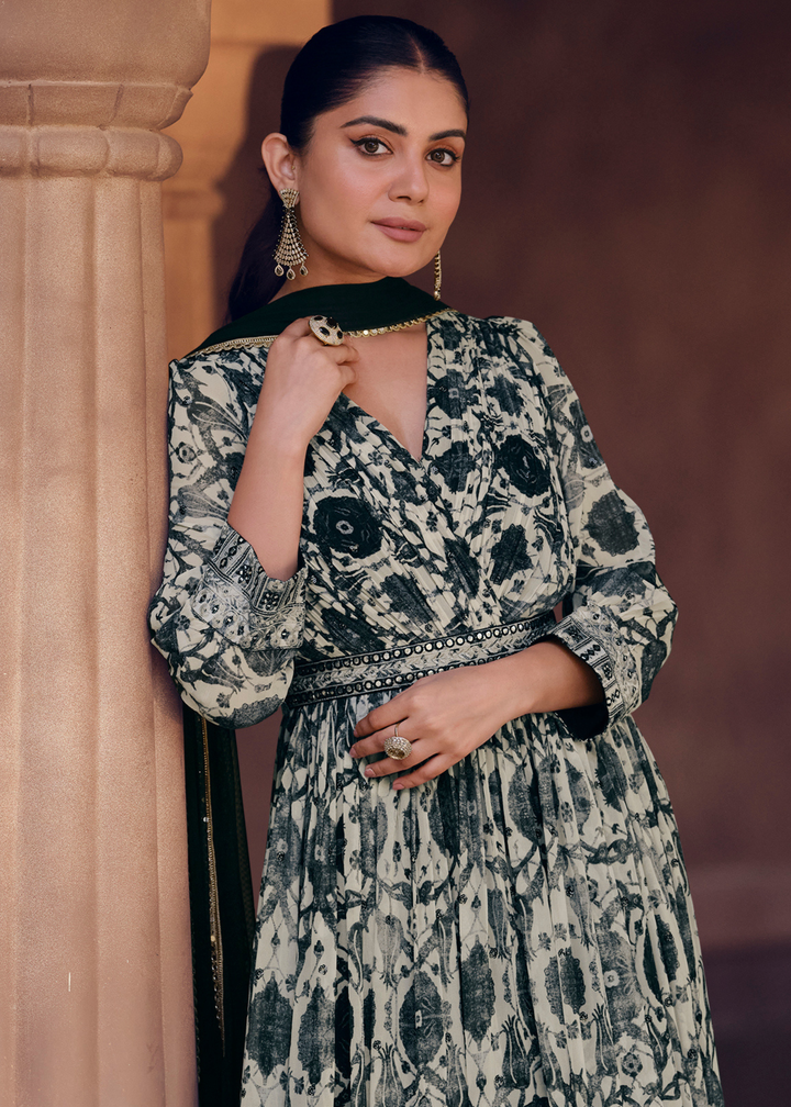 White & Black Floral Printed Georgette Anarkali Suit with Embroidery work