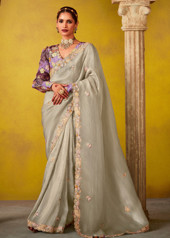Rhino Grey Glass Tissue Silk Saree