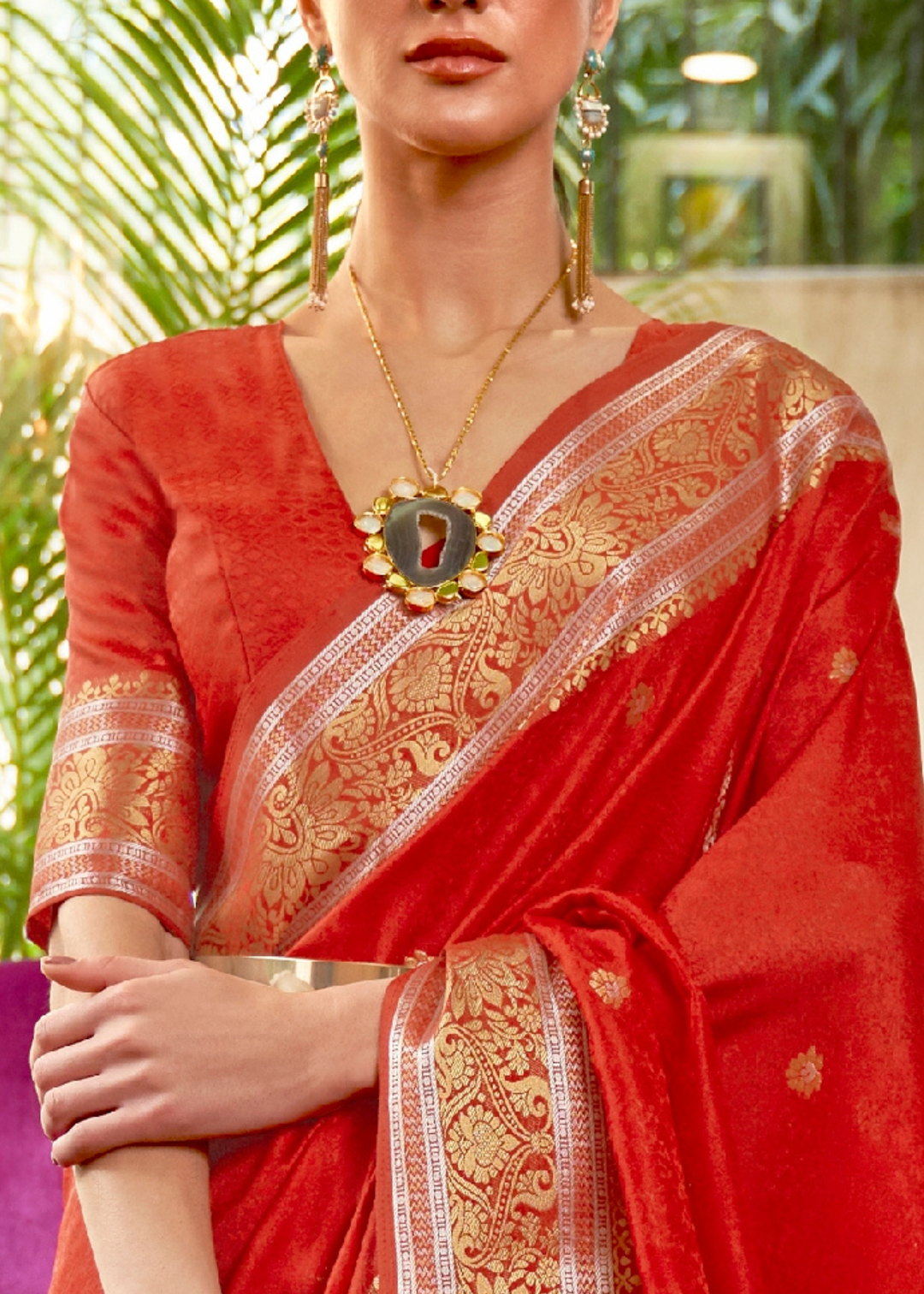 Crimson Red Kanjivaram Silk Saree Woven with Silver & Golden Zari