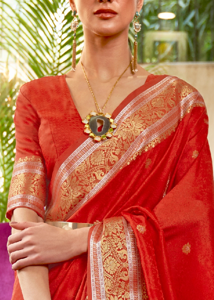 Crimson Red Kanjivaram Silk Saree Woven with Silver & Golden Zari