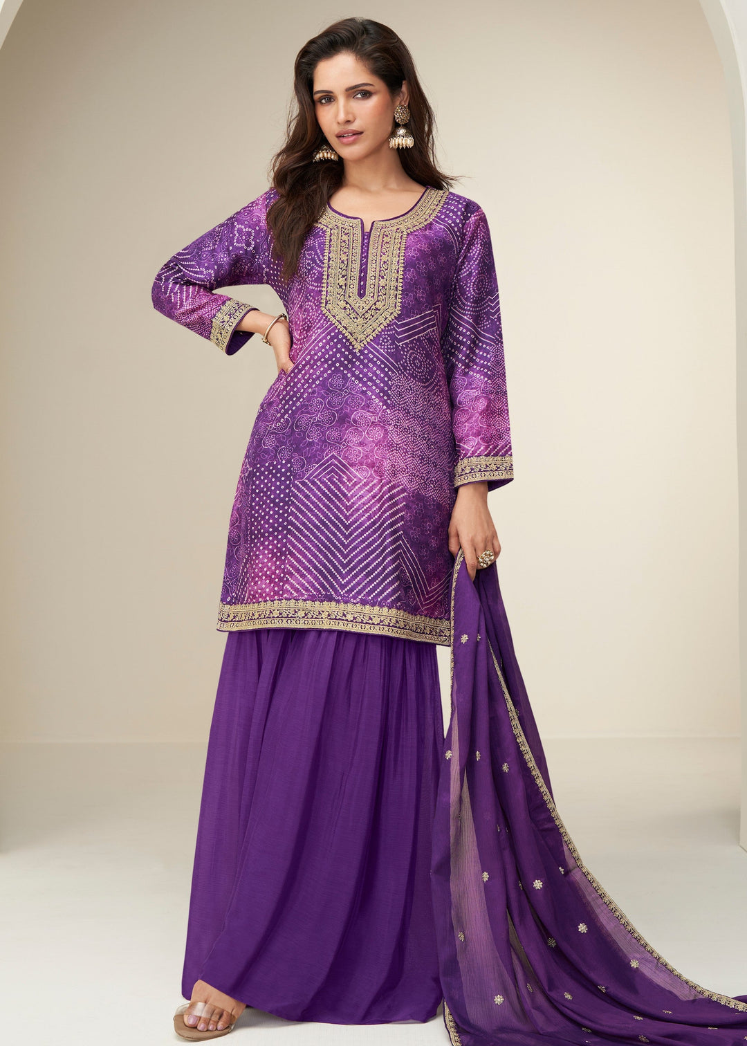Dark Purple Chinon Silk Sharara Suit