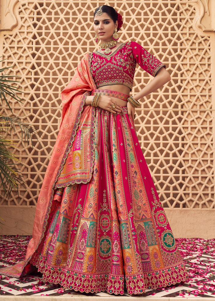 Punch Pink Banarasi Silk Lehenga Choli With Zarkan And Cut Work