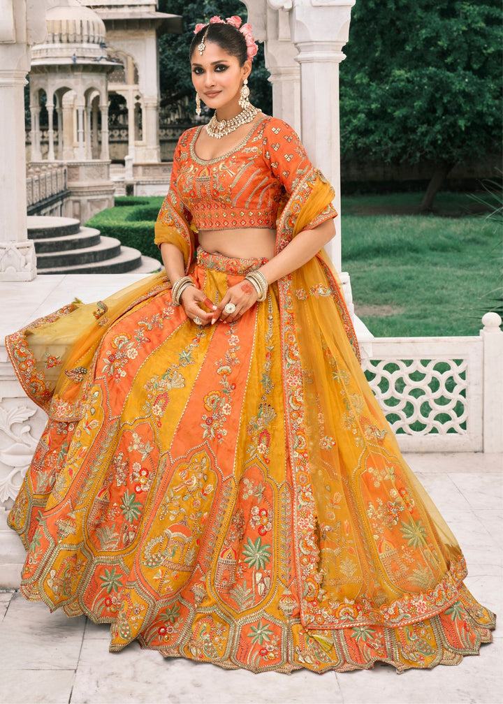 Pumpkin Orange & Yellow Fancy Silk Lehenga Choli With Cut Work Embroidery Border & Stone Work