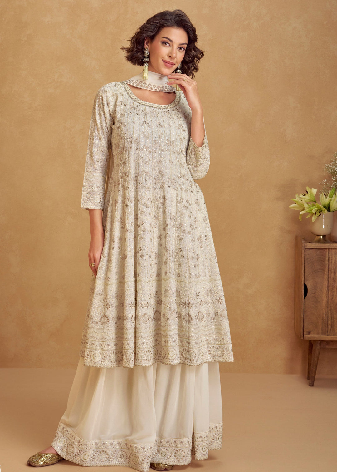 Ivory White Georgette Plazzo Suit With Embroidery Work