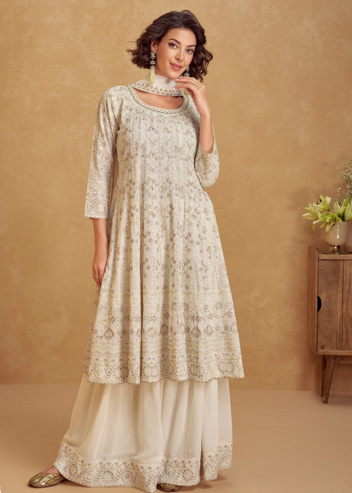 Ivory White Georgette Plazzo Suit With Embroidery Work