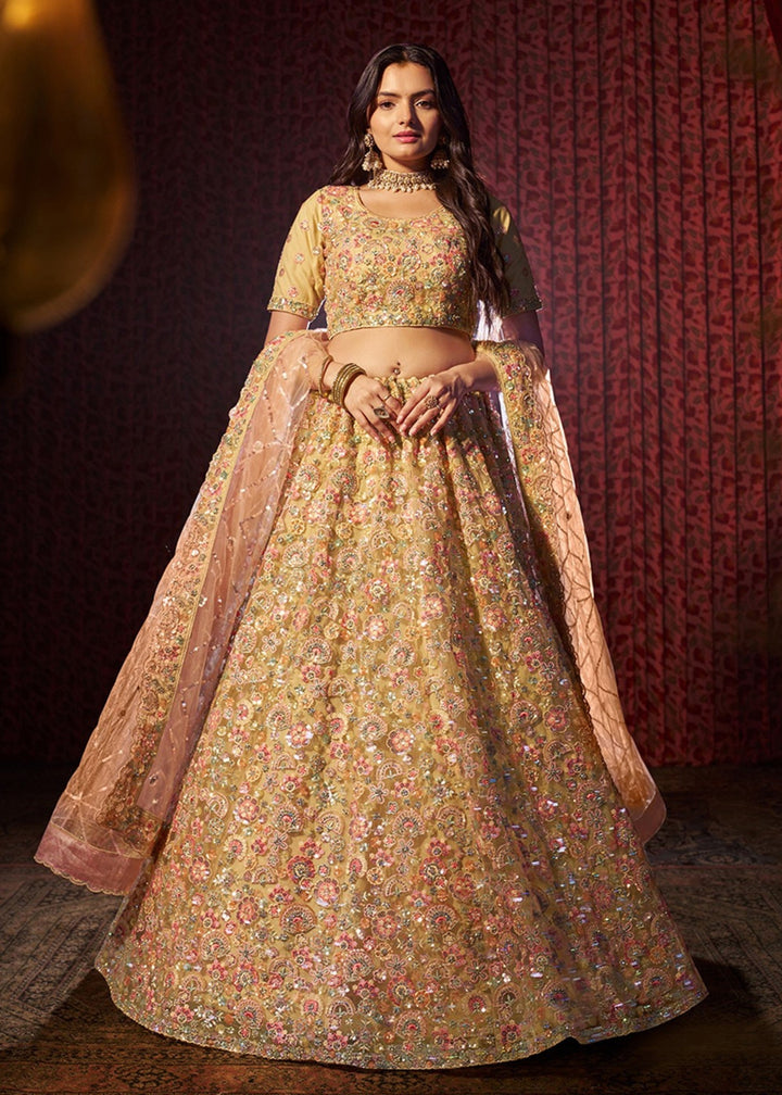 Beige Sequins Thread work Net Lehenga